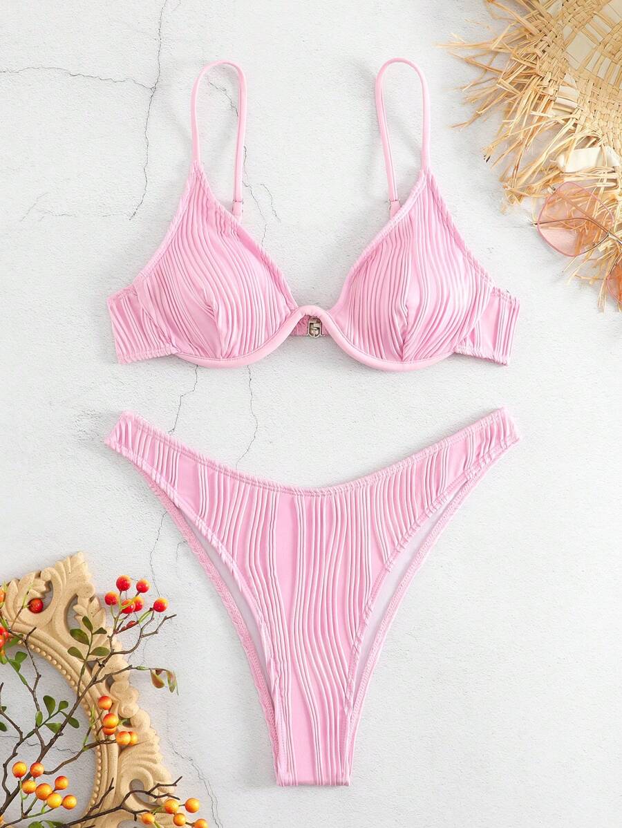 Swim Mod Summer Beach Plain Underwire Bikini Set - Baby Pink - View 1