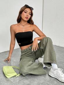 SHEIN EZwear Cut Out Side Crop Tube Top - Black - View 7