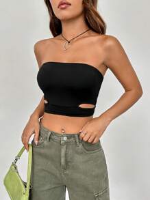 SHEIN EZwear Cut Out Side Crop Tube Top - Black - View 3