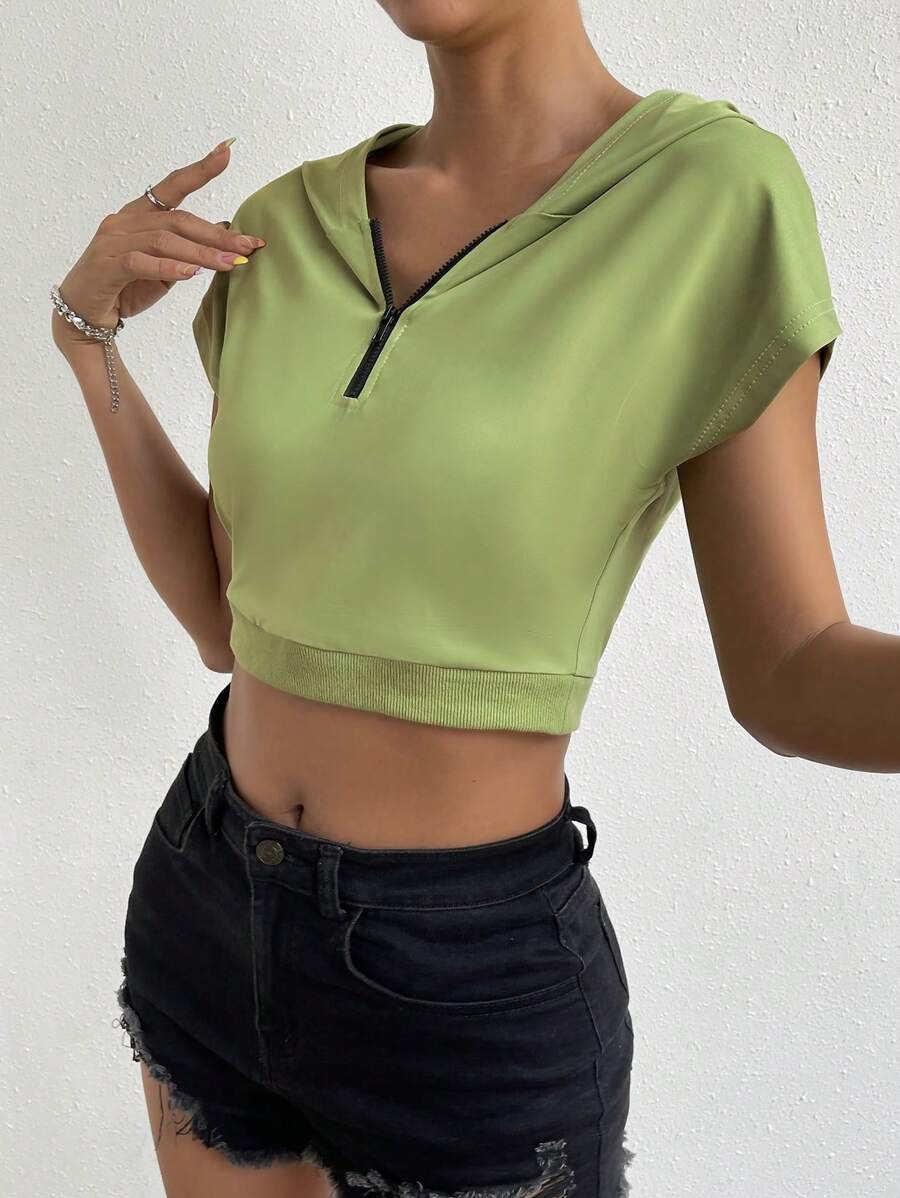 Chiquease 半拉链蝙蝠袖短款连帽套头衫秋季卫衣 - 青檸色 - 查看 1