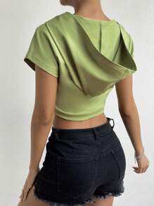 Chiquease 半拉链蝙蝠袖短款连帽套头衫秋季卫衣 - 青檸色 - 查看 2