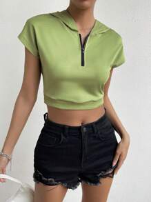 Chiquease 半拉链蝙蝠袖短款连帽套头衫秋季卫衣 - 青檸色 - 查看 4