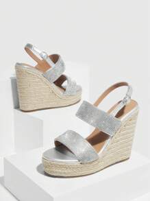 Phụ nữ Dép nêm trang trí bằng đá rhinestone, Dép thủy tinh Slingback cho kỳ nghỉ - Bạc - Xem 4