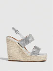 Phụ nữ Dép nêm trang trí bằng đá rhinestone, Dép thủy tinh Slingback cho kỳ nghỉ - Bạc - Xem 5