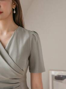 DAZY Solid Ruched Front Dress - Green - View 3
