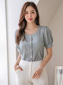 DAZY Blusa Sólida Con Mangas Abullonadas Y Botones Al Frente - Neblina azul - Ver 3