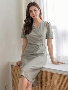 DAZY Solid Ruched Front Dress - Green - View 6