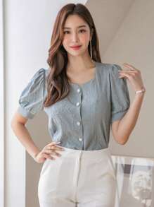 DAZY Blusa Sólida Con Mangas Abullonadas Y Botones Al Frente - Neblina azul - Ver 4