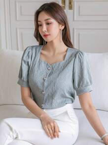 DAZY Blusa Sólida Con Mangas Abullonadas Y Botones Al Frente - Neblina azul - Ver 6