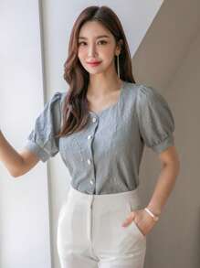 DAZY Blusa Sólida Con Mangas Abullonadas Y Botones Al Frente - Neblina azul - Ver 8