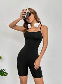 SHEIN EZwear Solid Cami Unitard Romper - Black - View 1