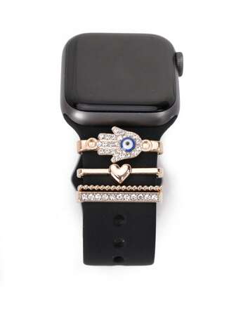 4pcs Hamsa Hand & Heart Decor Fashionable Zinc Alloy Watchband Decorative Ring Loop, Compatible With Apple Watch Galaxy Watch Valentines