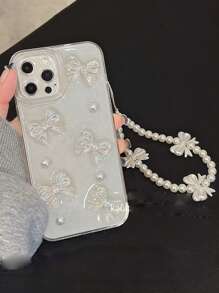 Funda de teléfono estética con decoración de lazo y cuentas de perlas falsas, con cordón para iPhone 16 - transparente - Ver 1