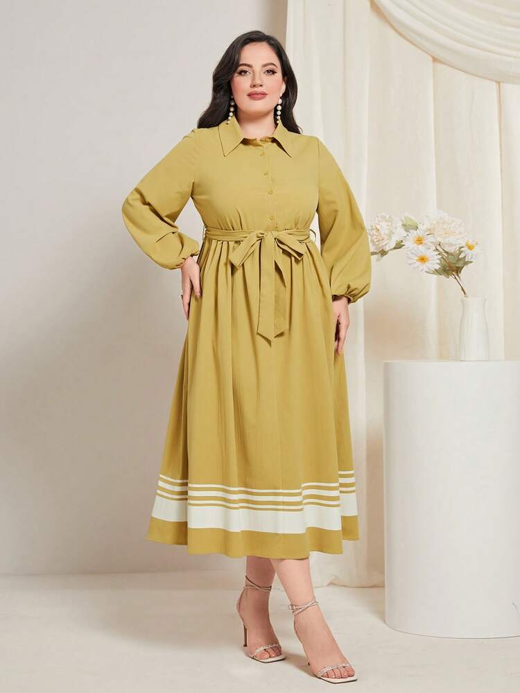 Plus Striped Print Lantern Sleeve Belted Shirt Dress