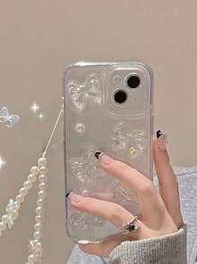 Funda de teléfono estética con decoración de lazo y cuentas de perlas falsas, con cordón para iPhone 16 - transparente - Ver 2