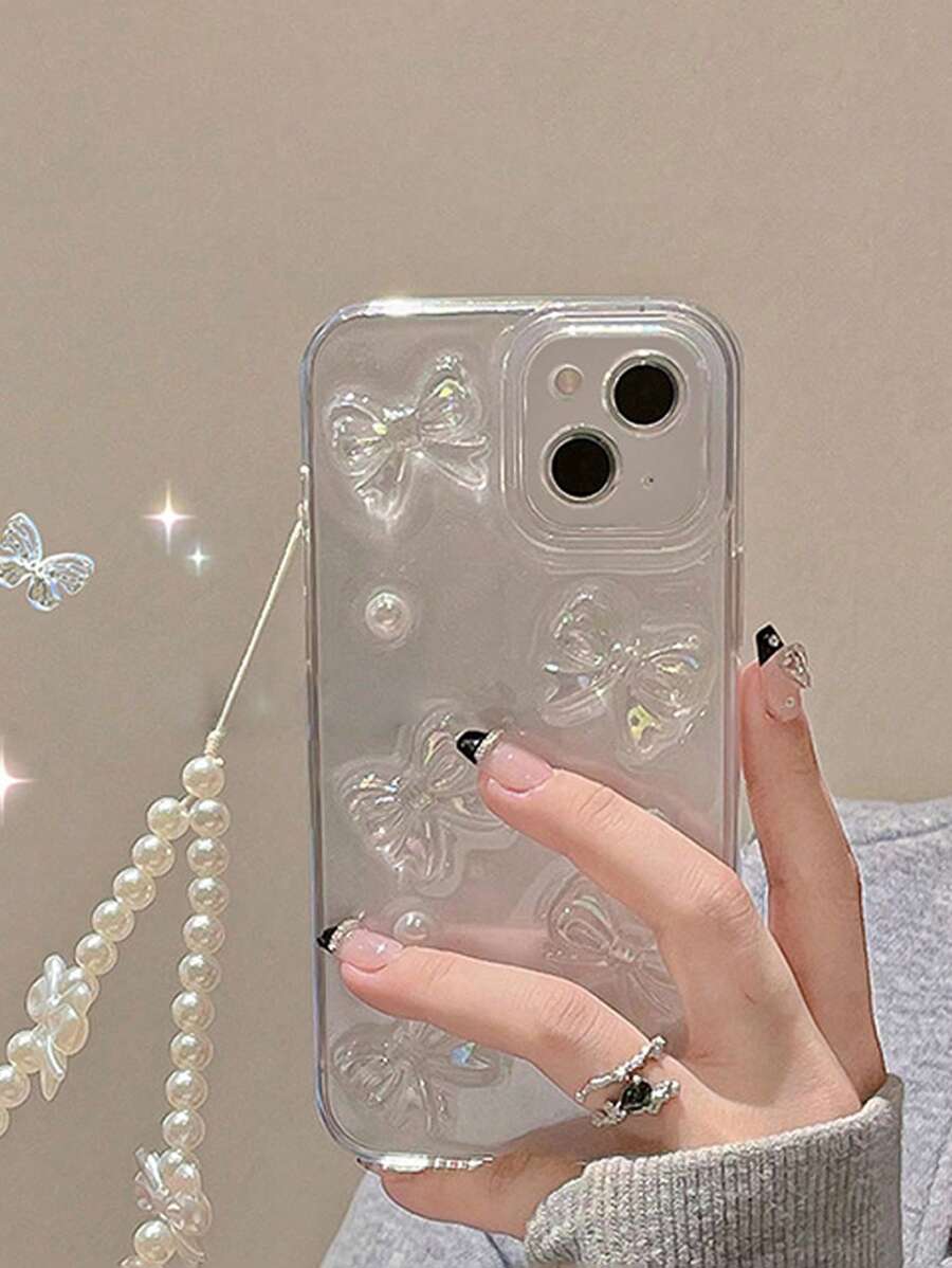 Aesthetic Iphone 16 BowKnot Decor Clear Phone Case With Faux Pearl