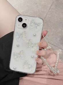 Funda de teléfono estética con decoración de lazo y cuentas de perlas falsas, con cordón para iPhone 16 - transparente - Ver 3