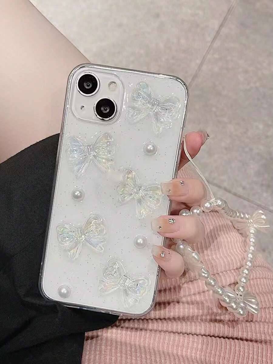Aesthetic Iphone 16 BowKnot Decor Clear Phone Case With Faux Pearl