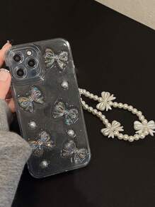 Funda de teléfono estética con decoración de lazo y cuentas de perlas falsas, con cordón para iPhone 16 - transparente - Ver 4