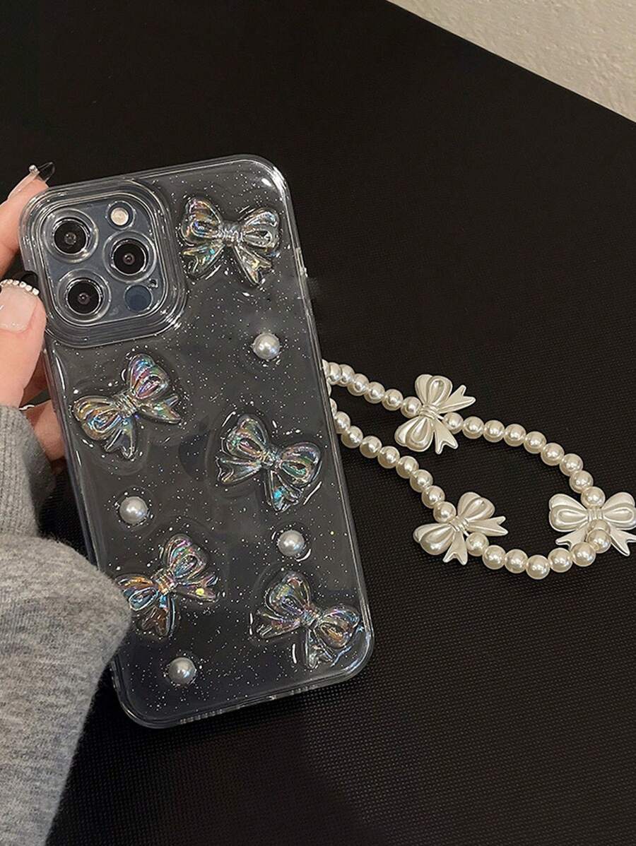 Aesthetic Iphone 16 BowKnot Decor Clear Phone Case With Faux Pearl