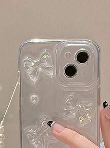 Funda de teléfono estética con decoración de lazo y cuentas de perlas falsas, con cordón para iPhone 16 - transparente - Ver 5