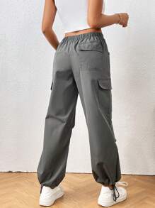 SHEIN PETITE Flap Pocket Side Drawstring Waist Cargo Pants - Grey - View 3