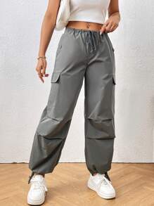 SHEIN PETITE Flap Pocket Side Drawstring Waist Cargo Pants - Grey - View 5