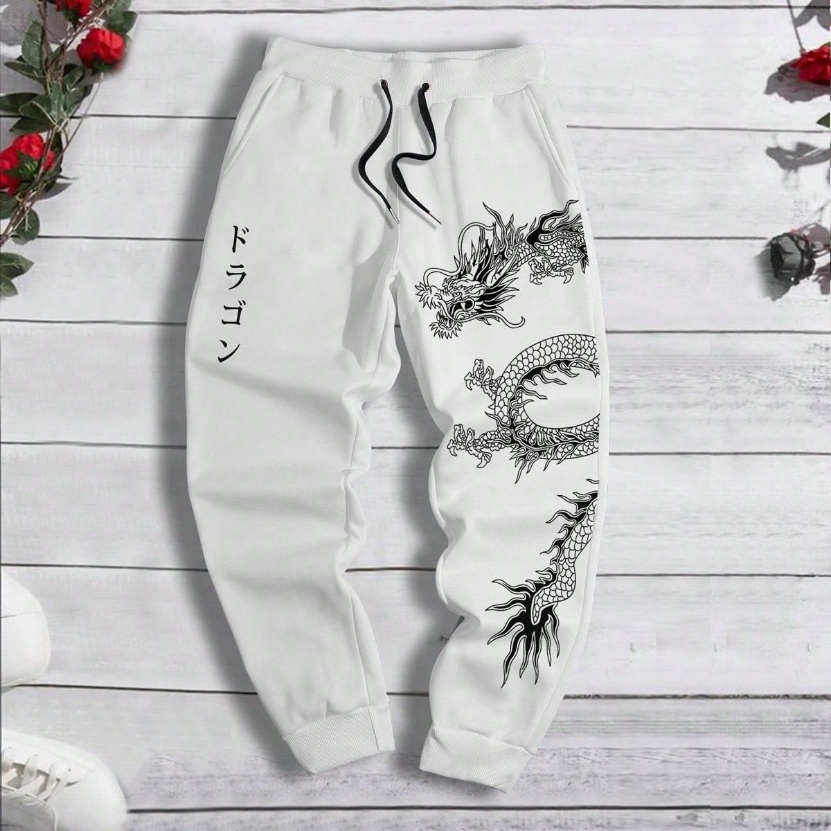 Pantalones de chándal con cordón en la cintura y gráfico de dragón y letra japonesa para hombre, para rave