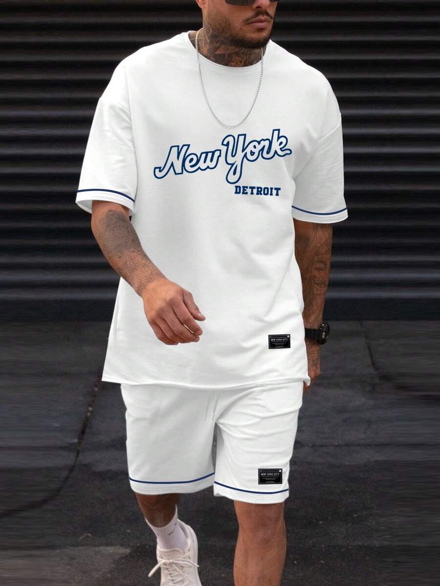 Manfinity Homme Men Letter Graphic Contrast Trim Tee & Shorts - White - View 1
