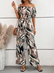 SHEIN LUNE Allover Print Off Shoulder Top & Wide Leg Pants - Multicolor - View 2