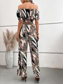 SHEIN LUNE Allover Print Off Shoulder Top & Wide Leg Pants - Multicolor - View 3