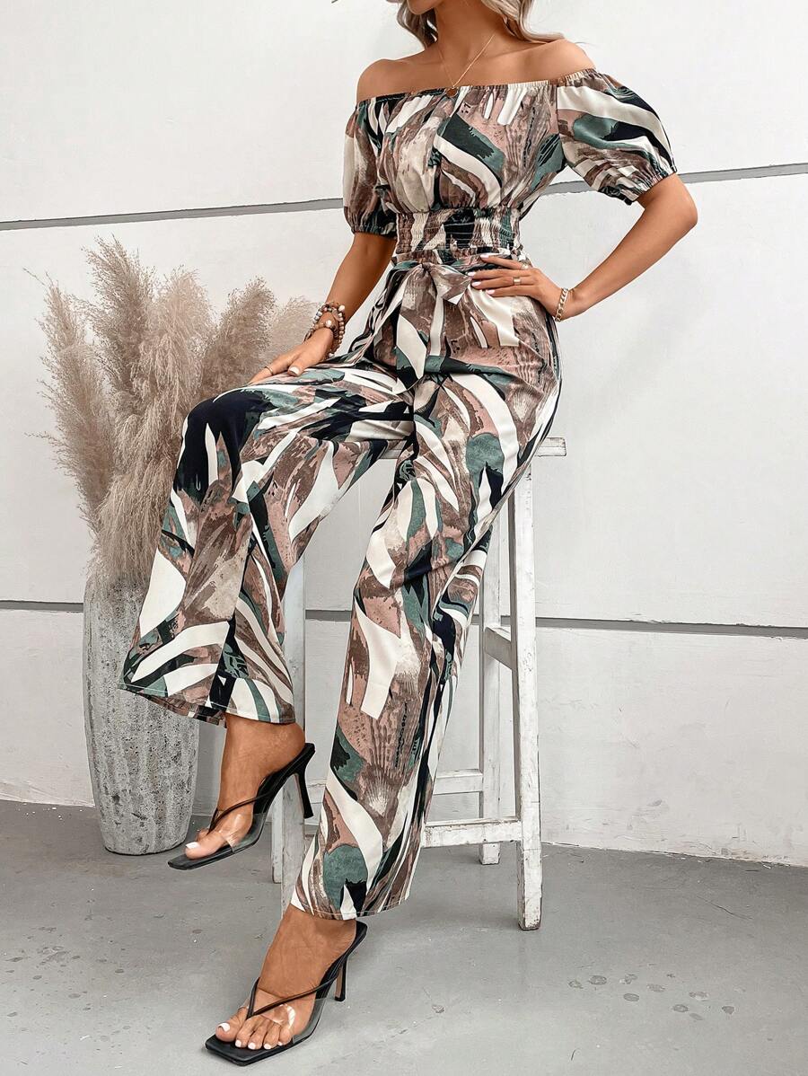 SHEIN LUNE Allover Print Off Shoulder Top & Wide Leg Pants - Multicolor - View 1