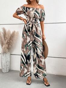 SHEIN LUNE Allover Print Off Shoulder Top & Wide Leg Pants - Multicolor - View 6