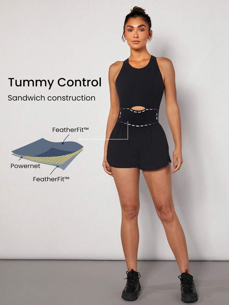 2.5" FeatherFit™ Sleeveless 2-In-1 Dolphin-Hem Performance Sports Jumpsuit Low Impact Yoga Pilates Studio Jumpsuit For Woman Quick Dry Moisture Wicking