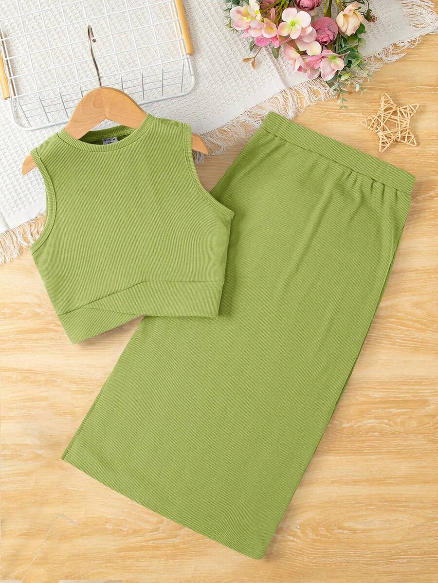 SHEIN 女孩素色背心上衣和半身裙 - 青檸色 - 查看 1