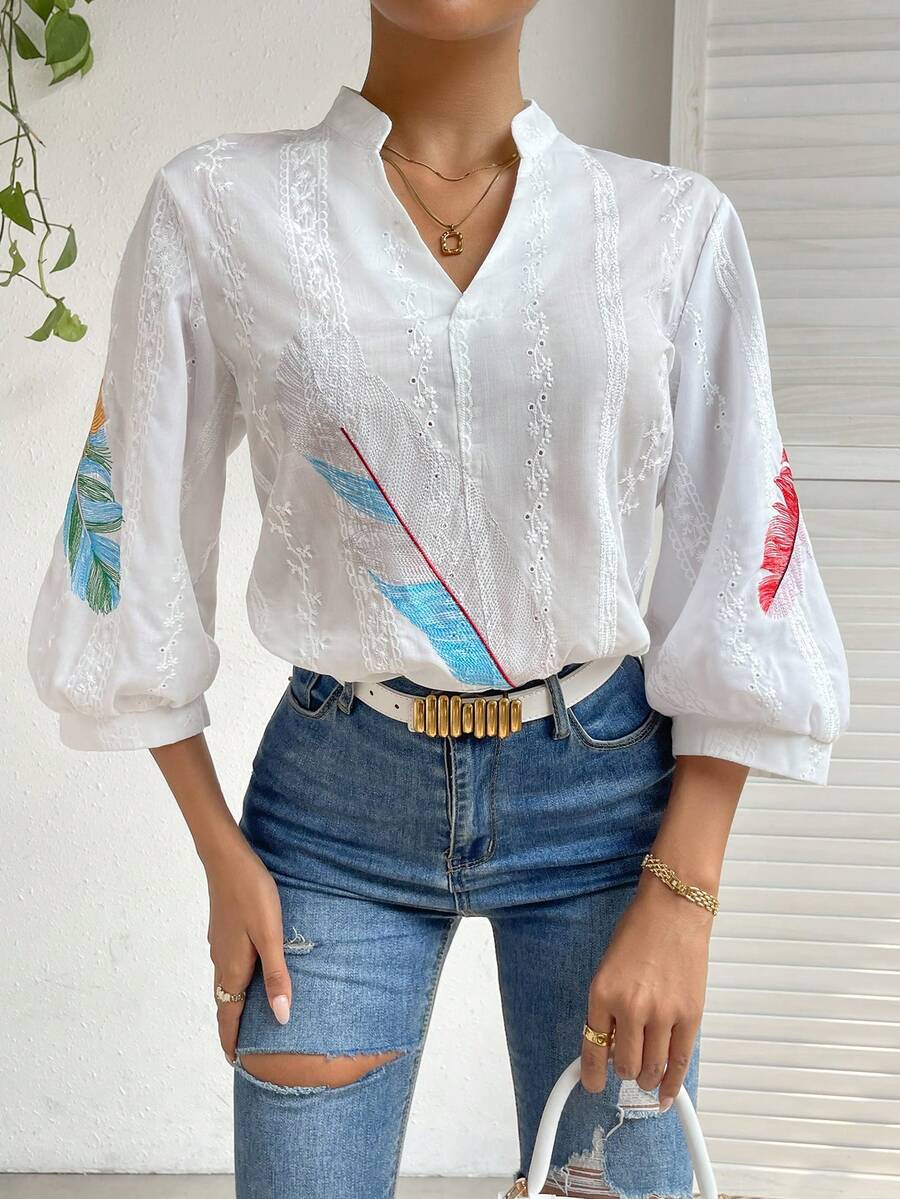 SHEIN Privé Feather Print Notched Neckline Lantern Sleeve Eyelet Embroidery Blouse - White - View 1