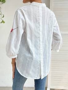 SHEIN Privé Feather Print Notched Neckline Lantern Sleeve Eyelet Embroidery Blouse - White - View 3