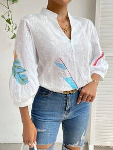 SHEIN Privé Feather Print Notched Neckline Lantern Sleeve Eyelet Embroidery Blouse - White - View 4