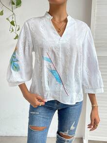 SHEIN Privé Feather Print Notched Neckline Lantern Sleeve Eyelet Embroidery Blouse - White - View 5