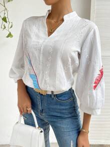 SHEIN Privé Feather Print Notched Neckline Lantern Sleeve Eyelet Embroidery Blouse - White - View 2