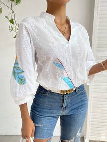 SHEIN Privé Feather Print Notched Neckline Lantern Sleeve Eyelet Embroidery Blouse - White - View 6