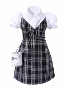 SHEIN 女童优雅格纹二合一翻领泡泡袖连衣裙