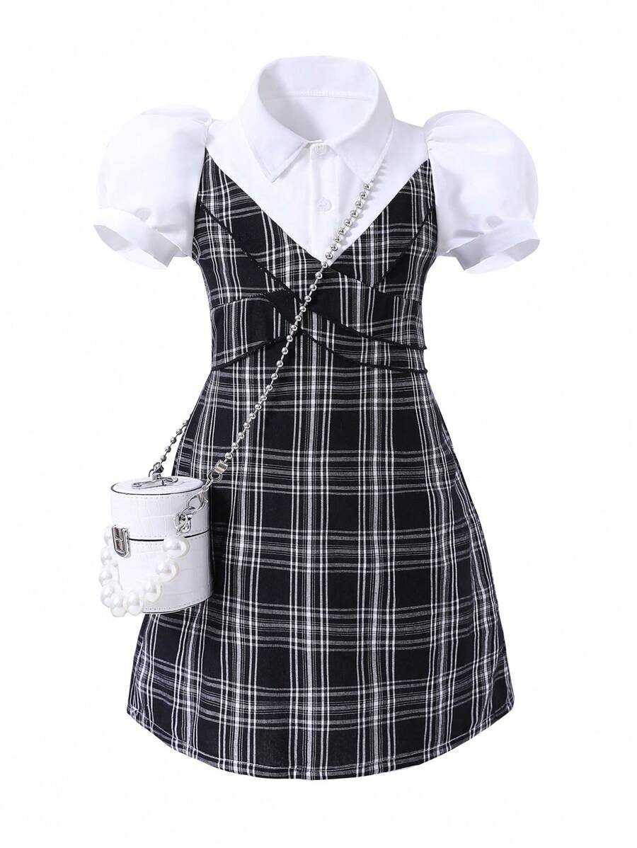 SHEIN 女童优雅格纹二合一翻领泡泡袖连衣裙