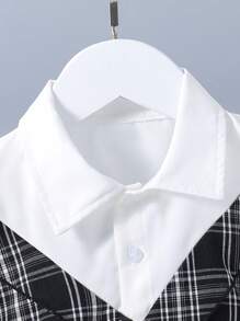 SHEIN 女童优雅格纹二合一翻领泡泡袖连衣裙