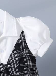 SHEIN 女童优雅格纹二合一翻领泡泡袖连衣裙