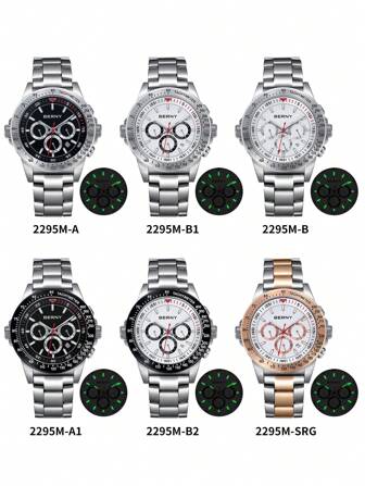  Berny男士實心不銹鋼休閒運動手錶,具有定時、速度測量、快速重置系統、日曆窗口、藍寶石鏡面、夜光刻度、100米防水、石英手錶