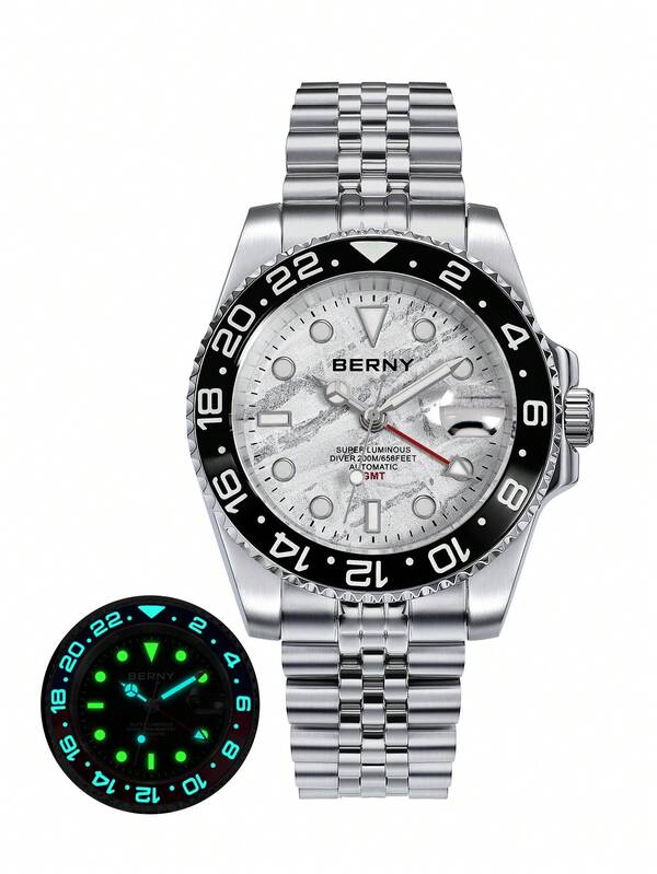 BERNY 1pc Men Silver Stainless Steel Strap Business Water Resistance