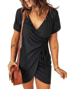 Đầm Dây kéo Xù Trọn gói màu trơn Giải trí - màu đen - Xem 5