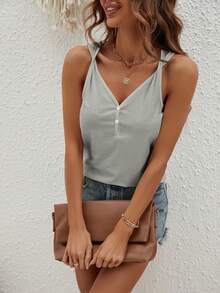 SHEIN LUNE Áo khoác và áo lót dành cho xe tăng nữ xoắn lại Nút phía trước màu trơn Giải trí - Màu Xám nhạt - Xem 5