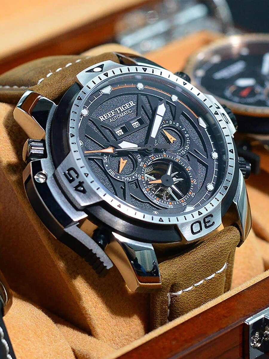 1pc Brown PU Polyurethane Strap Fashionable Calendars Water Resistance Round Dial Mechanical Watch, For Daily Life - Silver - View 1